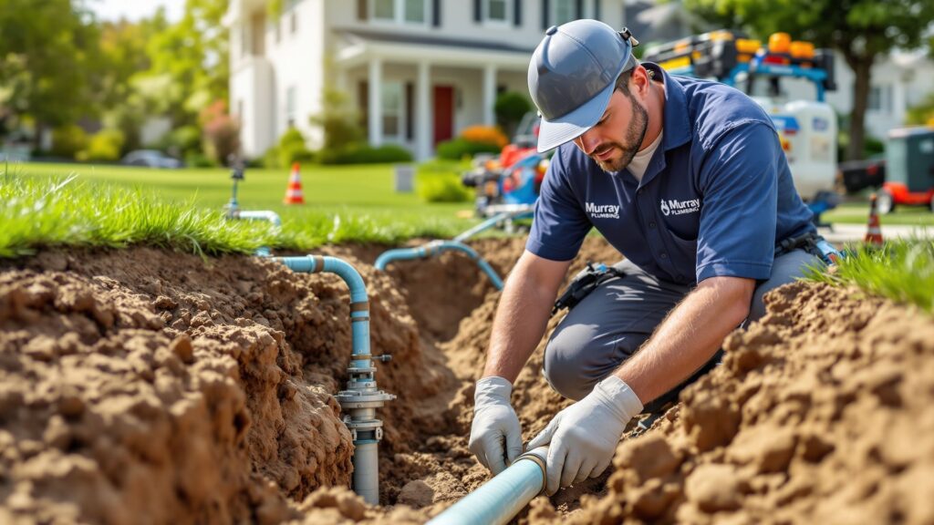 A professional plumber performing water line replacement services at a residential property. The scene shows a small, clean excavation area with new blue PEX or copper water pipes being installed underground. The plumber, wearing safety gear and a branded uniform, connects the new line using modern plumbing tools. Nearby, a service truck and equipment are visible, with a well-kept suburban home and green lawn in the background. Natural daylight, realistic textures, sharp detail, photo-realistic quality, 16:9 ratio — emphasizing precision, safety, and efficiency in modern plumbing work.